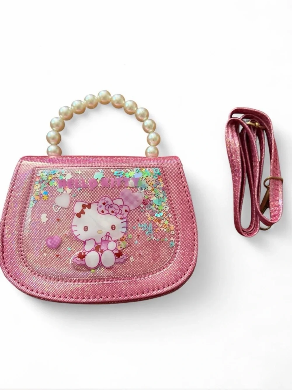 Hello Kitty Pink Glitter Pearl Handle Kids Purse with Detachable Strap